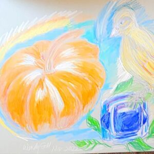 Wendy Gell Art, Drawing of my Perfect pumpkin, Lapis cuff and Singing Canary.